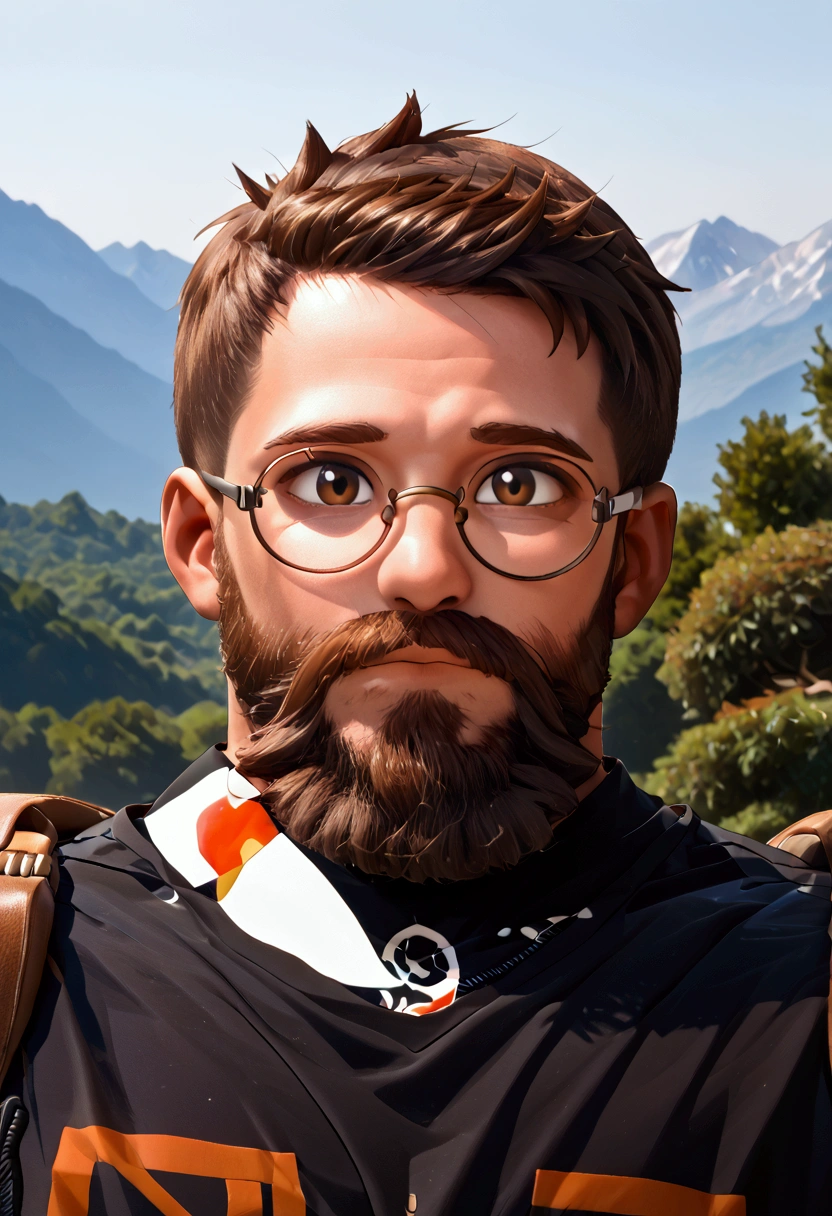 1 boy, round glasses, very short hair, dark brown hair, long beard, average weight, black beard, brown eyes, black shirt, head facing to the right, mountain background, 8k, high detail, 8k detailed glasses, 8k detailed face, 8k detailed hair, 8k detailed beard. 