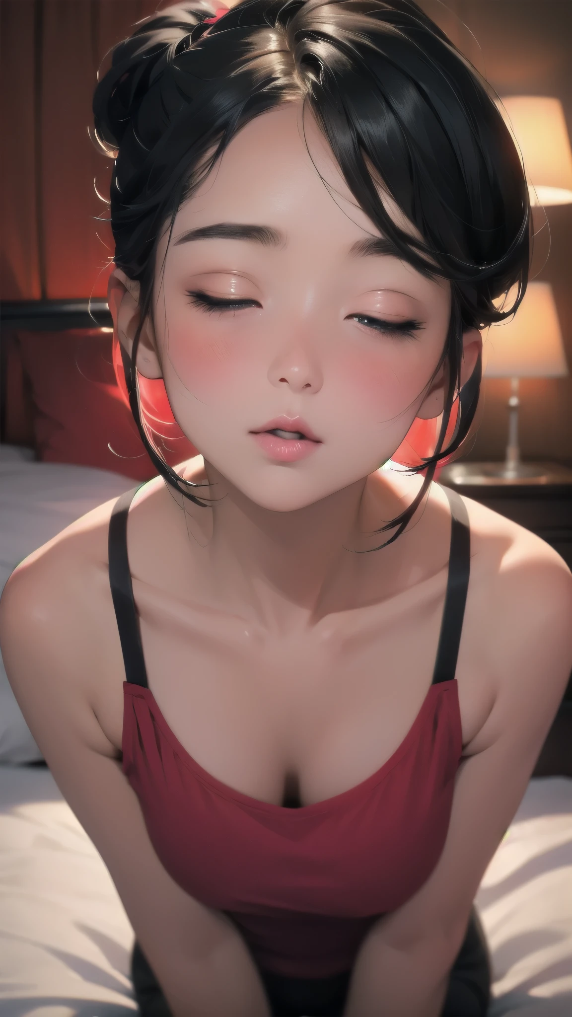 (((beautiful))), (((camisole, One Woman, Eyes closed, face close up))), ((Black Hair, parted bangs, forehead, Long Hair, ponytail, hair ornaments, Chubby)), Large Breasts, Huge Saggy Tits, Glowing Skin, Wet Skin, (((Intricate details))), High resolution, ((Intricate details, Ultra-detailed)), (head shot, extreme close up), Red cheeks, Dark Room, night,