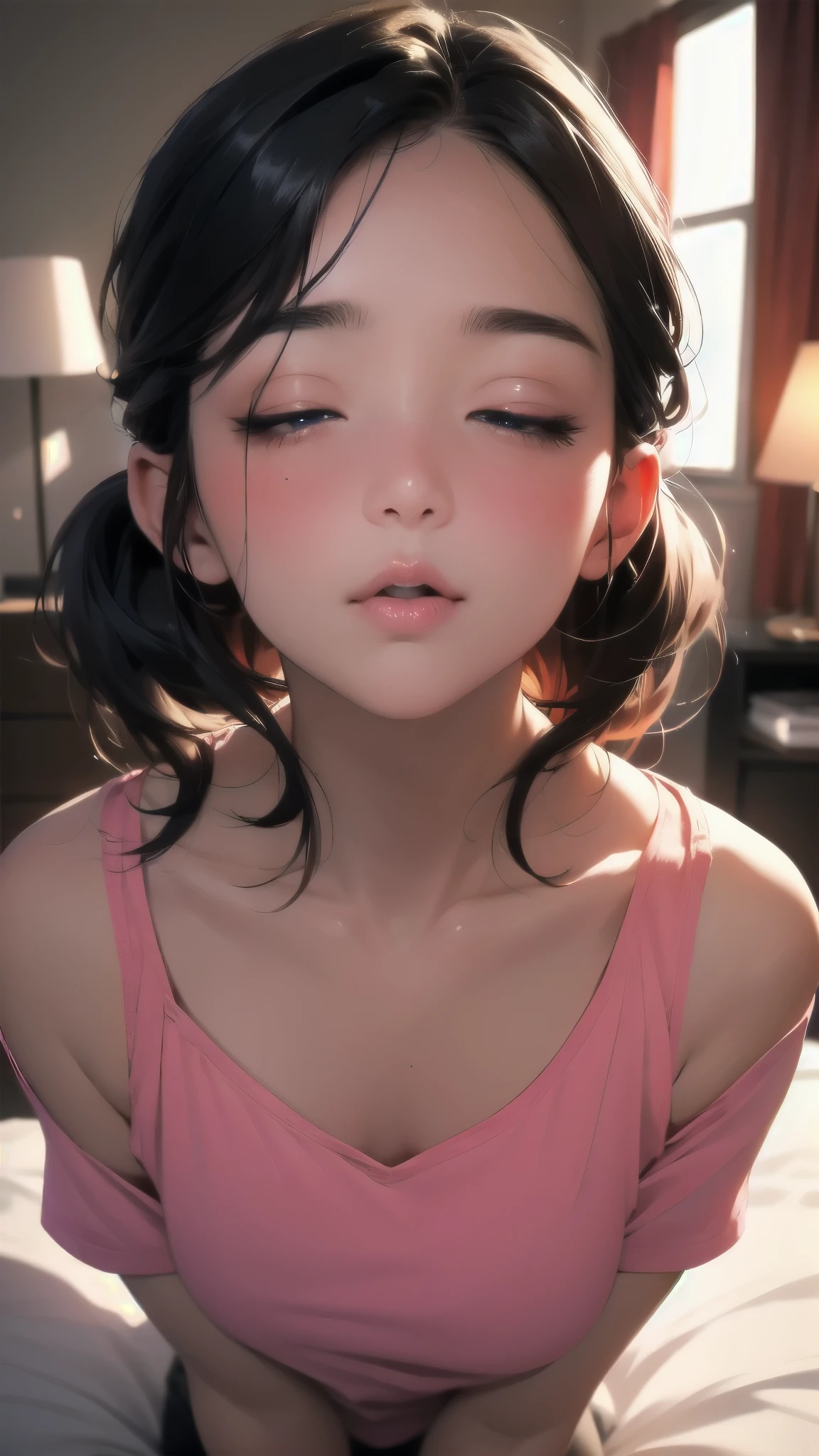 (best quality,4k,highres,masterpiece:1.2),ultra-detailed,(realistic,photorealistic,photo-realistic:1.37),beautiful detailed eyes,beautiful detailed lips,extremely detailed eyes and face,long eyelashes,(charming,captivating:1.2) expression,rosy cheeks,alluring smile,(stunning,radiant:girly:1.1) appearance,(elegant,feminine:1.1) posture,(dynamic,vibrant,playful:1.1) pose,soft sunlight,(pastel,pinkish:1.1) color tone,delicate double pigtails,shimmering black hair,(modern,youthful:1.1) fashion style,(tight,fitted:1.1) pink t-shirt,white short shorts,adorable blush on cheeks,visible excitement,(youthful,fierce:1.1) energy,refreshing background scenery,lush green garden,exquisite flowers blooming,graceful butterflies dancing around,breathtaking beauty