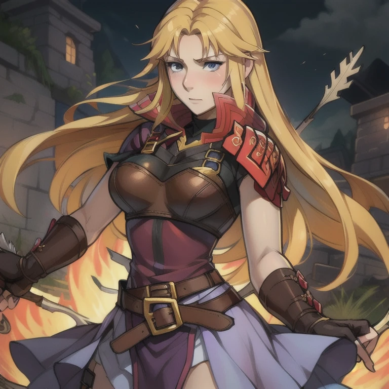 masterpiece, best quality, 1girl, Clarisse (Fire Emblem), long blonde air, blue eyes, red top, brown leather chest plate, fingerless gloves, purple skirt, belt, bow, sheaf filled with arrows
