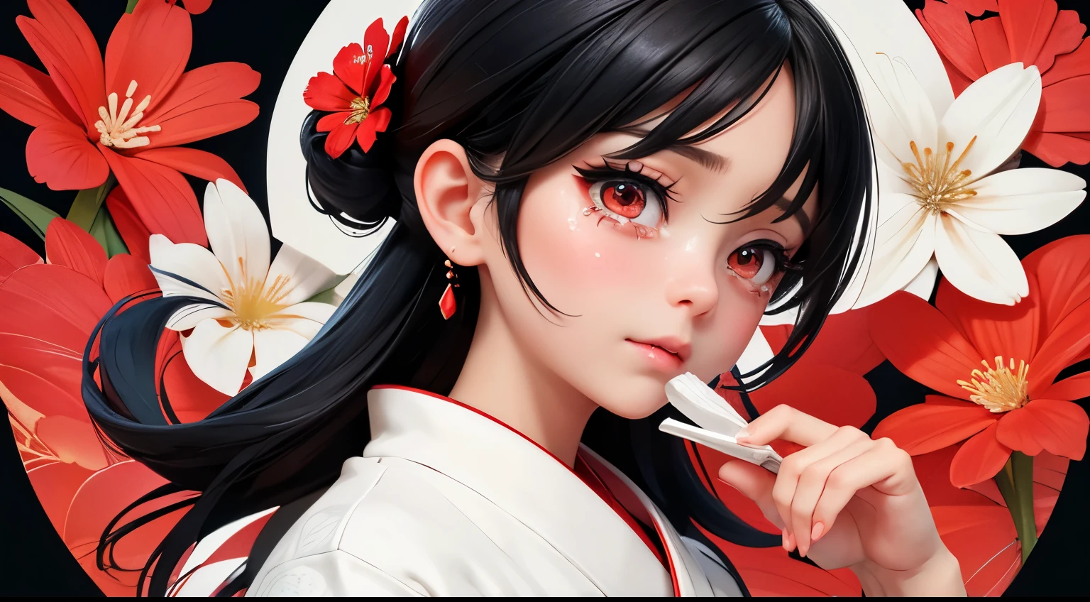 Anime girl with black hair and red flowers in her hair - SeaArt AI