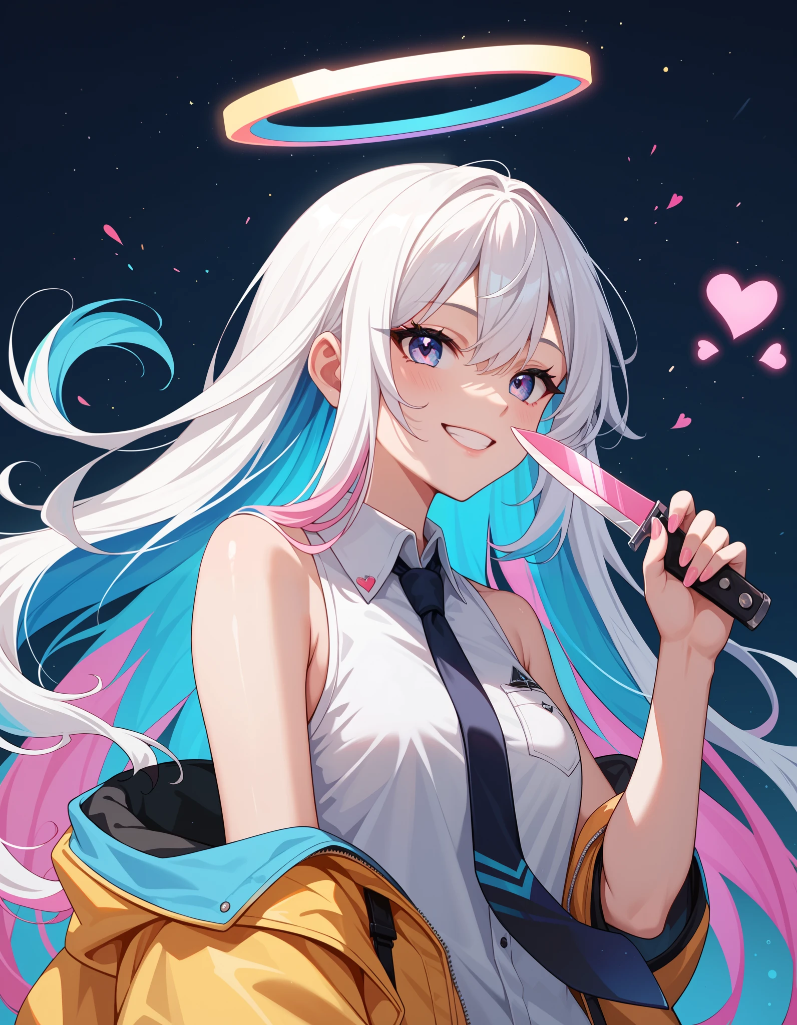 score_9, score_8_up, score_7_up,, 1girl, solo, colorful, simple background, halo, heart, knife, long hair, oversized object, shirt, sleeveless, sleeveless shirt, two-tone hair, white hair, smile, sidelocks, multicolored hair, necktie, masterpiece, best quality, newest, very awa