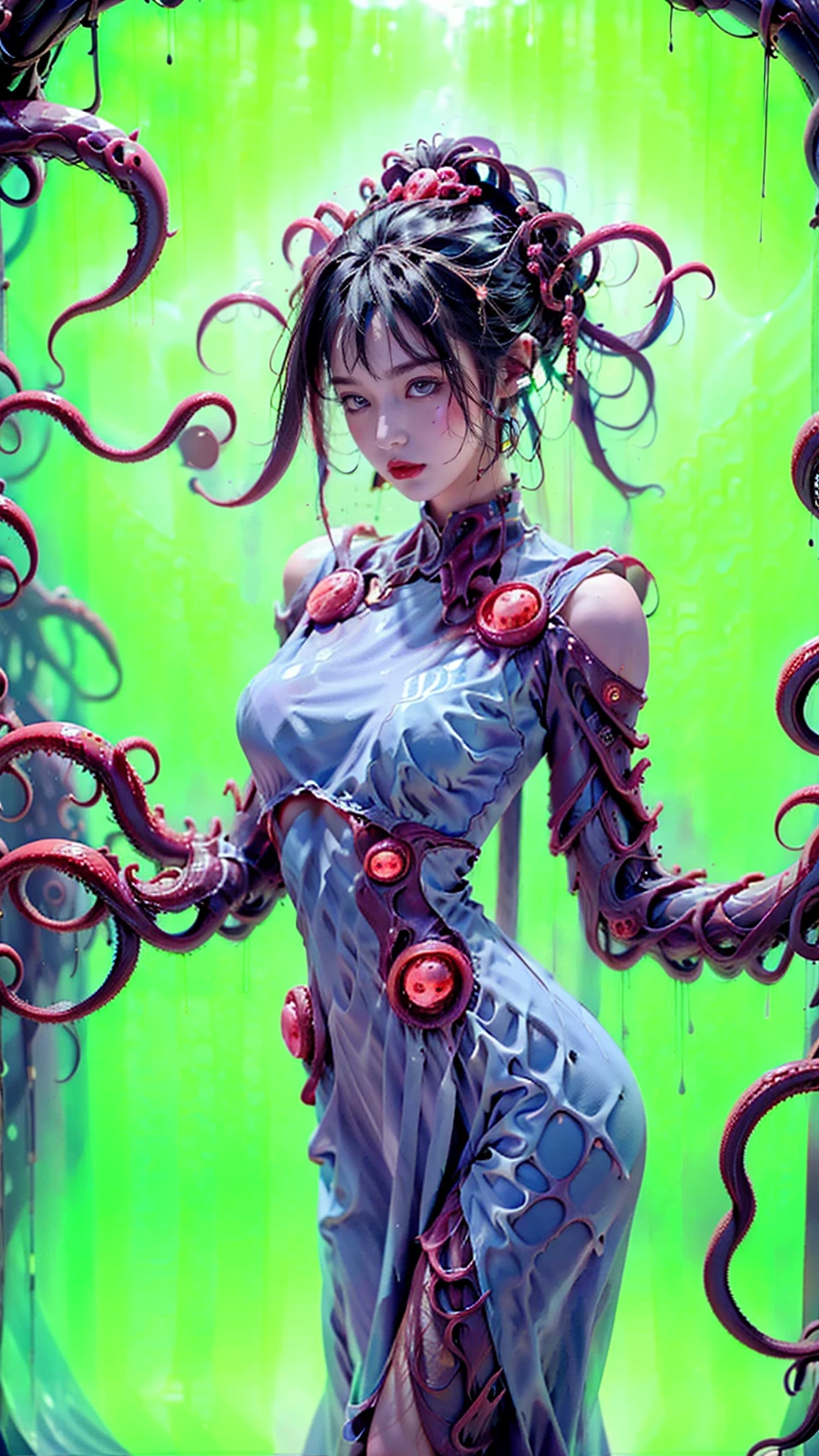  Cyber Tentacle Monster Monk ，（Twin ponytails：1.5、Deep Sea Creatures、 Medusa Hairstyle 、 Tentacle-like Hairstyle ：1.8），Biology is perfect、 Medical Beauty Skin 、 Classical Aesthetic Posture Adjustment and Shaping ， Illusory Aura ，Chic，Dynamic，Holy Aura，Mecha exoskeleton ，Gesha Buddha Dress ， Shining Fire Crystal Foot Ring 。 golden ratio body ，Beauty，Tear mole，（ Super Teardrop Chest 1 .8）， narrow ribs ，Slim waist and abdomen，Vacuum belly， long body ， extra long legs ，Perfect muscle lines， neon shine ， blur super giant body background。 Master Composition ， Clean Picture ， bright color ，hdr，（Super real， Super Detailed ，Super complex，Super-sharp ， Ultra high quality output ），（ concentrated computing power is metaphor in the language of a camera、Implicit 、 Conceals Mysterious Temple Level Sexual Tension ：1.8），＜centaur concept>，