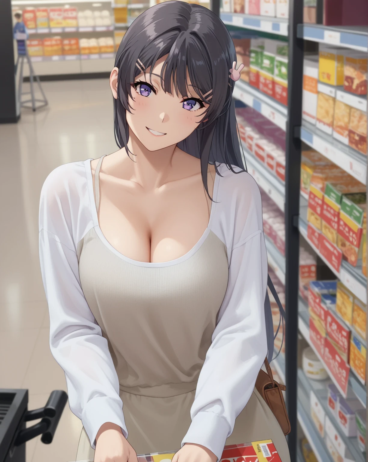 score_9, score_8_up, score_7_up, anime source, coloring,
mai sakurajima, long hair, bangs, black hair, hair ornament, purple eyes, hairclip, rabbit hair ornament, 1girl, breasts, cleavage, black_hair, shop, looking_at_viewer, smile, solo, photo_background, convenience_store, black_eyes, long_hair, bangs, indoors, long_sleeves, cardigans