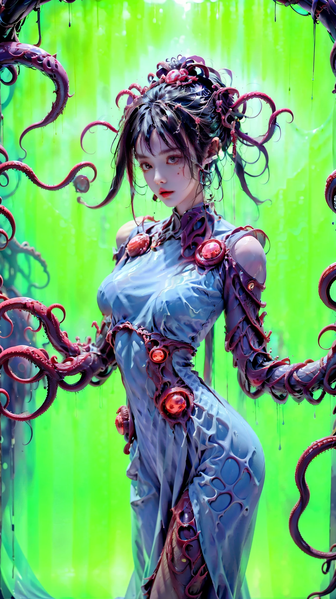  Cyber Tentacle Monster Monk ，（Twin ponytails：1.5、Deep Sea Creatures、 Medusa Hairstyle 、 Tentacle-like Hairstyle ：1.8），Biology is perfect、 Medical Beauty Skin 、 Classical Aesthetic Posture Adjustment and Shaping ， Illusory Aura ，Chic，Dynamic，Holy Aura，Mecha exoskeleton ，Gesha Buddha Dress ， Shining Fire Crystal Foot Ring 。 golden ratio body ，Beauty，Tear mole，（ Super Teardrop Chest 1 .8）， narrow ribs ，Slim waist and abdomen，Vacuum belly， long body ， extra long legs ，Perfect muscle lines， neon shine ， blur super giant body background。 Master Composition ， Clean Picture ， bright color ，hdr，（Super real， Super Detailed ，Super complex，Super-sharp ， Ultra high quality output ），（ concentrated computing power is metaphor in the language of a camera、Implicit 、 Conceals Mysterious Temple Level Sexual Tension ：1.8），＜centaur concept>，