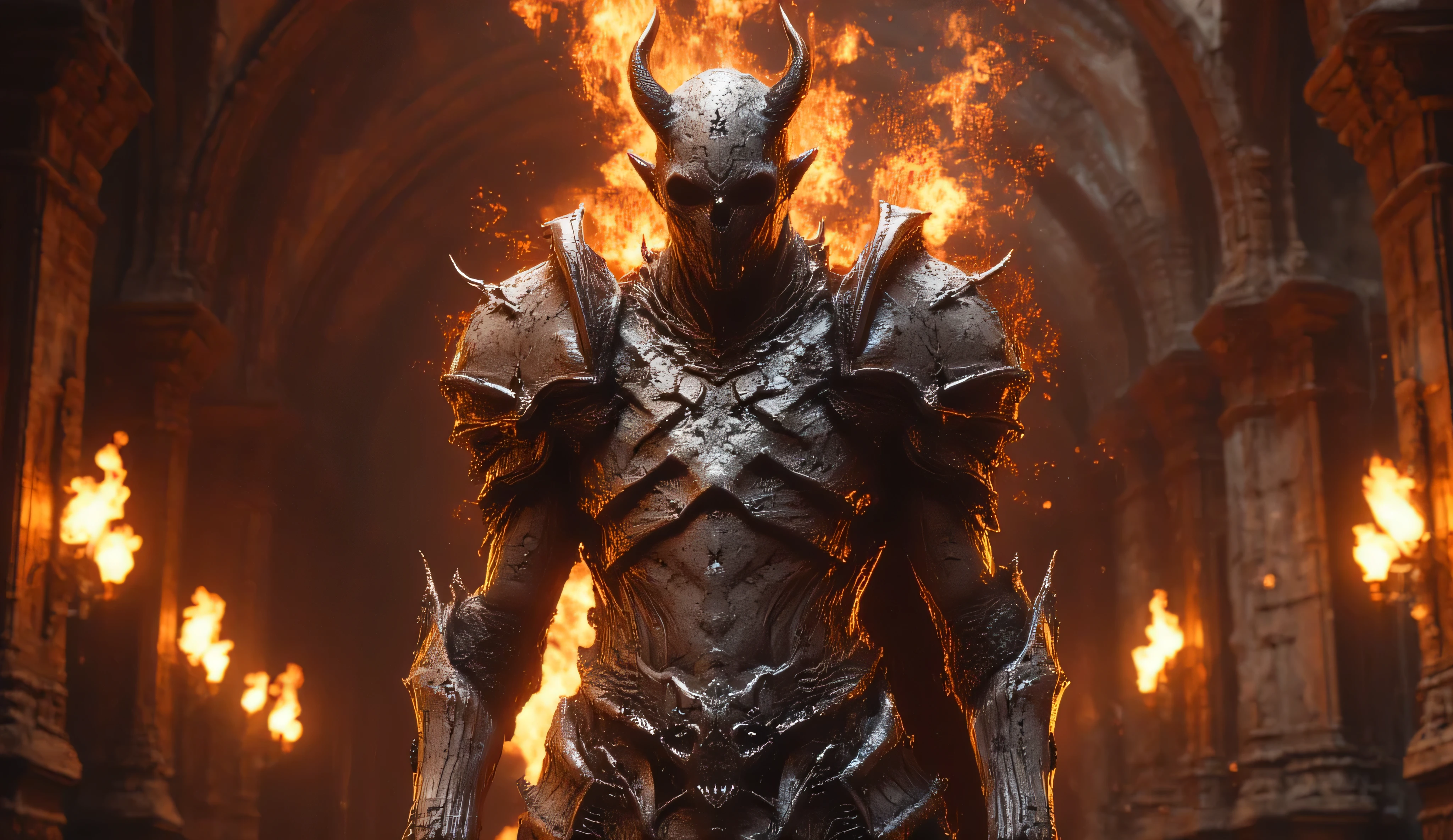 A horned knight in white armor covered with cracks from which hellfire emanates . Large horns, a closed knight's helmet. A two-handed creepy black blade. He is in hell, but there is a sacred light shining behind him. Horror