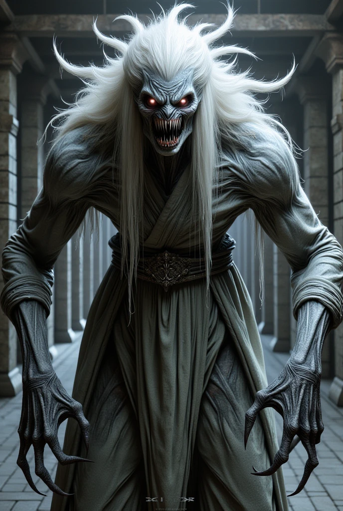 high quality, 8k, ultra-detailed, photorealistic, masterpiece, chinese jiangshi, chinese hopping vampire, chinese mythology, reanimated stiff lifeless body, qing dynasty clothing, fearsome, haunting expression, sharp claws, gray skin, long white hair, glowing eyes