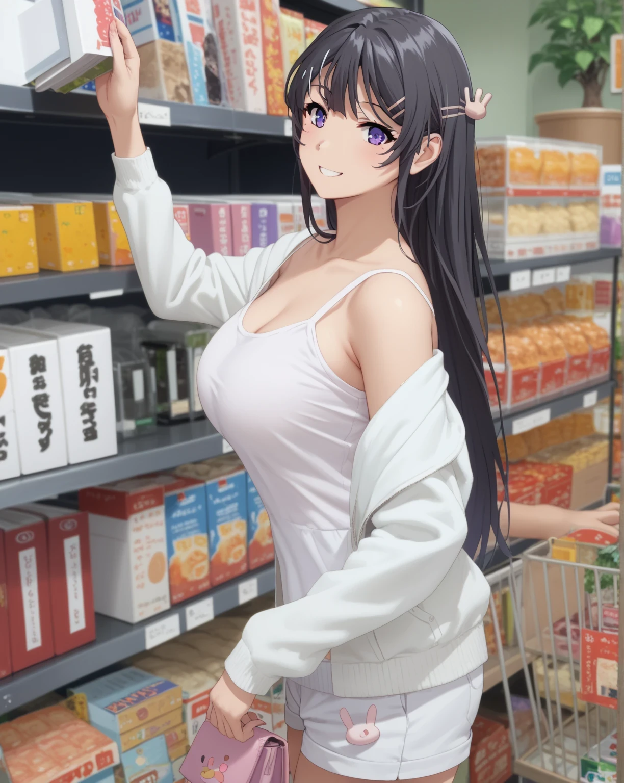 score_9, score_8_up, score_7_up, anime source, coloring,
mai sakurajima, long hair, bangs, black hair, hair ornament, purple eyes, hairclip, rabbit hair ornament, 1girl, solo, long_hair, black_hair, photo_background, shop, looking_at_viewer, breasts, shorts, indoors, jacket, off_shoulder, book, black_eyes, smile, bangs, large_breasts, white_shorts