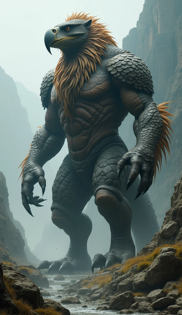 "Create a monstrous, muscle-bound lion-serpent hybrid with ultra-realistic, rough skin and scales, seamlessly fused to look terrifyingly natural against a stunning, dramatic background."