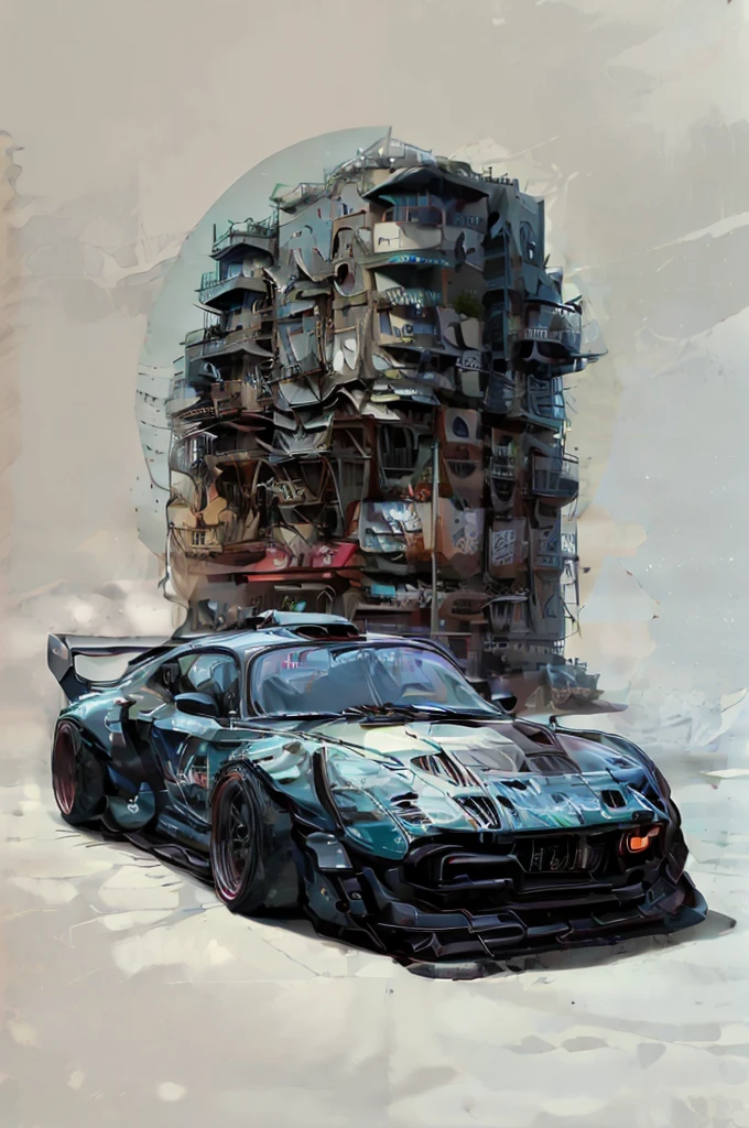 Vector illustration, scenery, ink, pop art, sketch, cardrifting, smoke, burn, 1 car,  tuned JDM car, wide fenders, big rims, slammed, (drifting:1.2), on the road, (city:1.3), (skyscrapers:1.1), (audi r8:0.8)