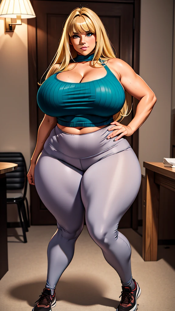 Woman, 29 years old. 6ft 5in tall. 300lb weight. Extremely long legs. Thick thighs, strong hip adductor muscles. Toned glutes. Broad shoulders. Gigantic, pendulous bosoms. Big, ruddy cheeks. Brown eyes. Light grey leggings with teal wool knee socks. Tacky teal and mauve pullover with plunging neckline. Nerdy, exuberant. Feathered and layered dirty blonde hair. Thick and long bangs, swept to the left.