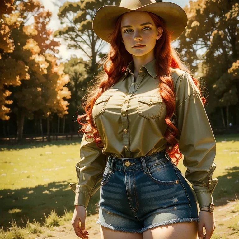  18-year-old cowgirl ,  long curly red hair , Little cow horns ,  cow ears ,  emerald green eyes , freckles, thin lips,  round face, cow tail,  long sleeve plaid button shirt , red plaid shirt,  gold bell on ribbon around the neck, huge bust,  wide hips ,  thick thighs , used denim shorts,  cowgirl boots with spurs ,  looking at the spectator excitedly , ( best quality , 4K, 8k,  high resolution,  masterpiece : 1.2),  ultra detailed , (realistic, photorealistic, photorealistic: 1.37), HDR, Ultra HD,  studio lighting ,  Ultra-thin painting ,  sharp focus,  physically based rendering ,  extreme detail description,  Professional,  LIVING COLOR, bokeh effect, portrait