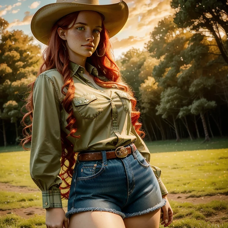  18-year-old cowgirl ,  long curly red hair , Little cow horns ,  cow ears ,  emerald green eyes , freckles, thin lips,  round face, cow tail,  long sleeve plaid button shirt , red plaid shirt,  gold bell on ribbon around the neck, huge bust,  wide hips ,  thick thighs , used denim shorts,  cowgirl boots with spurs ,  looking at the spectator excitedly , ( best quality , 4K, 8k,  high resolution,  masterpiece : 1.2),  ultra detailed , (realistic, photorealistic, photorealistic: 1.37), HDR, Ultra HD,  studio lighting ,  Ultra-thin painting ,  sharp focus,  physically based rendering ,  extreme detail description,  Professional,  LIVING COLOR, bokeh effect, portrait