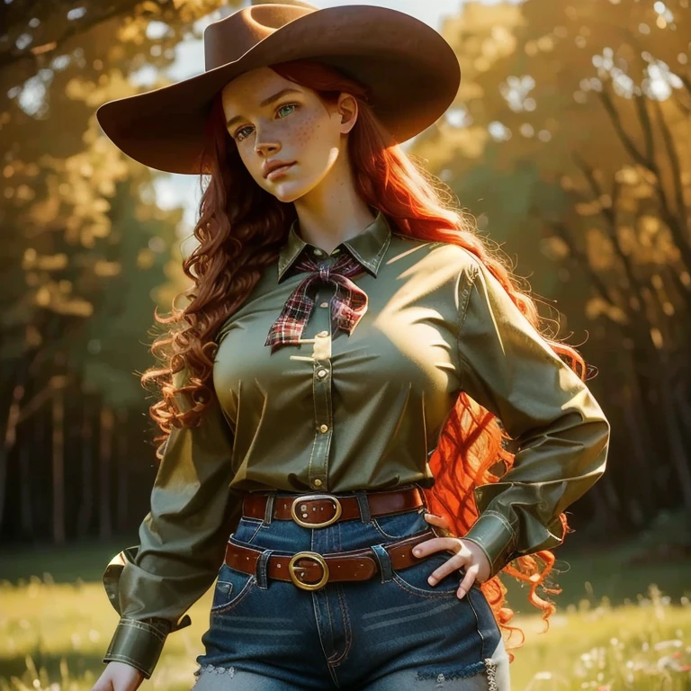  18-year-old cowgirl ,  long curly red hair , Little cow horns ,  cow ears ,  emerald green eyes , freckles, thin lips,  round face, cow tail,  long sleeve plaid button shirt , red plaid shirt,  gold bell on ribbon around the neck, huge bust,  wide hips ,  thick thighs , used denim shorts,  cowgirl boots with spurs ,  looking at the spectator excitedly , ( best quality , 4K, 8k,  high resolution,  masterpiece : 1.2),  ultra detailed , (realistic, photorealistic, photorealistic: 1.37), HDR, Ultra HD,  studio lighting ,  Ultra-thin painting ,  sharp focus,  physically based rendering ,  extreme detail description,  Professional,  LIVING COLOR, bokeh effect, portrait