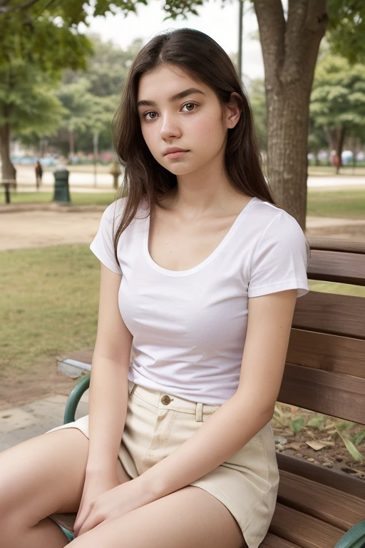 (masterpiece, photorealistic:1.4, extremely intricate:1.3, candid:1.1), thin white t-shirt,  humid, [skin detail:freckles:0.7], natural, 19 year old white girl sitting on park bench