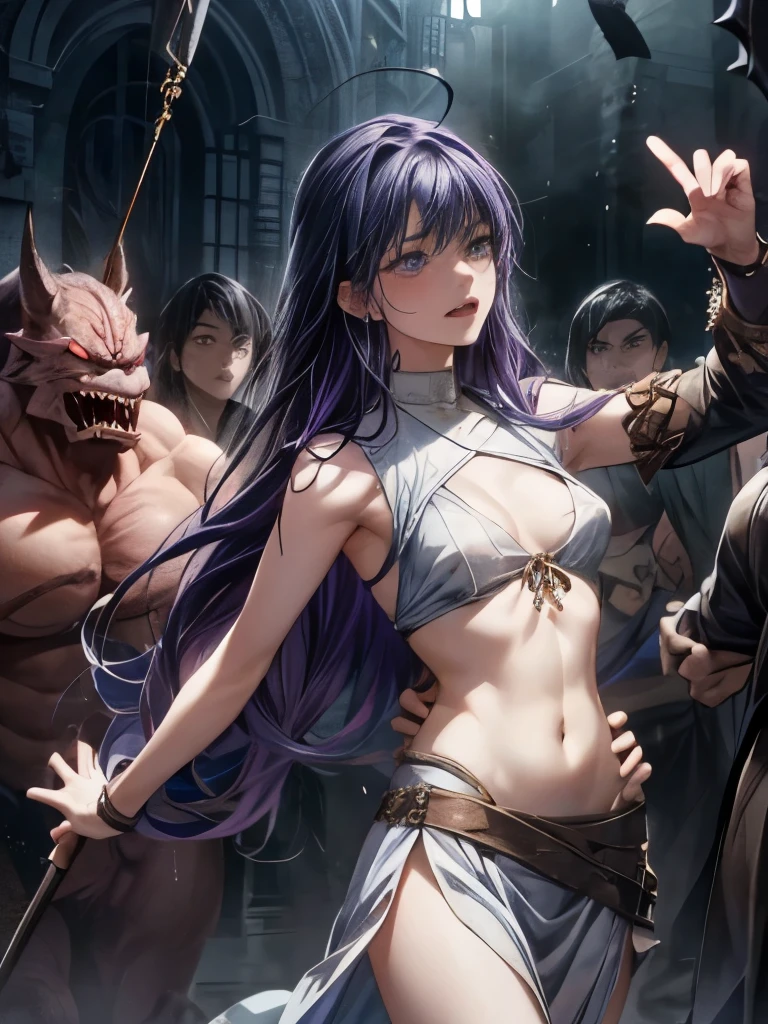 top quality、torture、 slave、restrict、Bondage、Caught by a bunch of monsters 、Surrounded by monsters、とても長い薄紫の髪をした美しい sexyな女性( messy hair)、white see-through celtic dress 1:5(white、Medium breast、 nipples can be seen through、 deep v-neck、Sleeveless、 belly button out、No elbow pads、Beautiful woman with very long purple hair 、Deep slit、 Fine Enough to See Through Skin 、羽衣状のwhiteロングスカート、 sexy)、 Tears overflow 、 frightened expression 、run away、attacked by many monsters 1:5、 many ferocious monsters 1 :5、 monster grabs arm . Monster Attacked from behind 、 monster grabs foot 、 horde of monsters 1 :5、Midnight、 Darkness、 Different Worlds 、dungeons、Dark fantasy、Pitch Black Hell