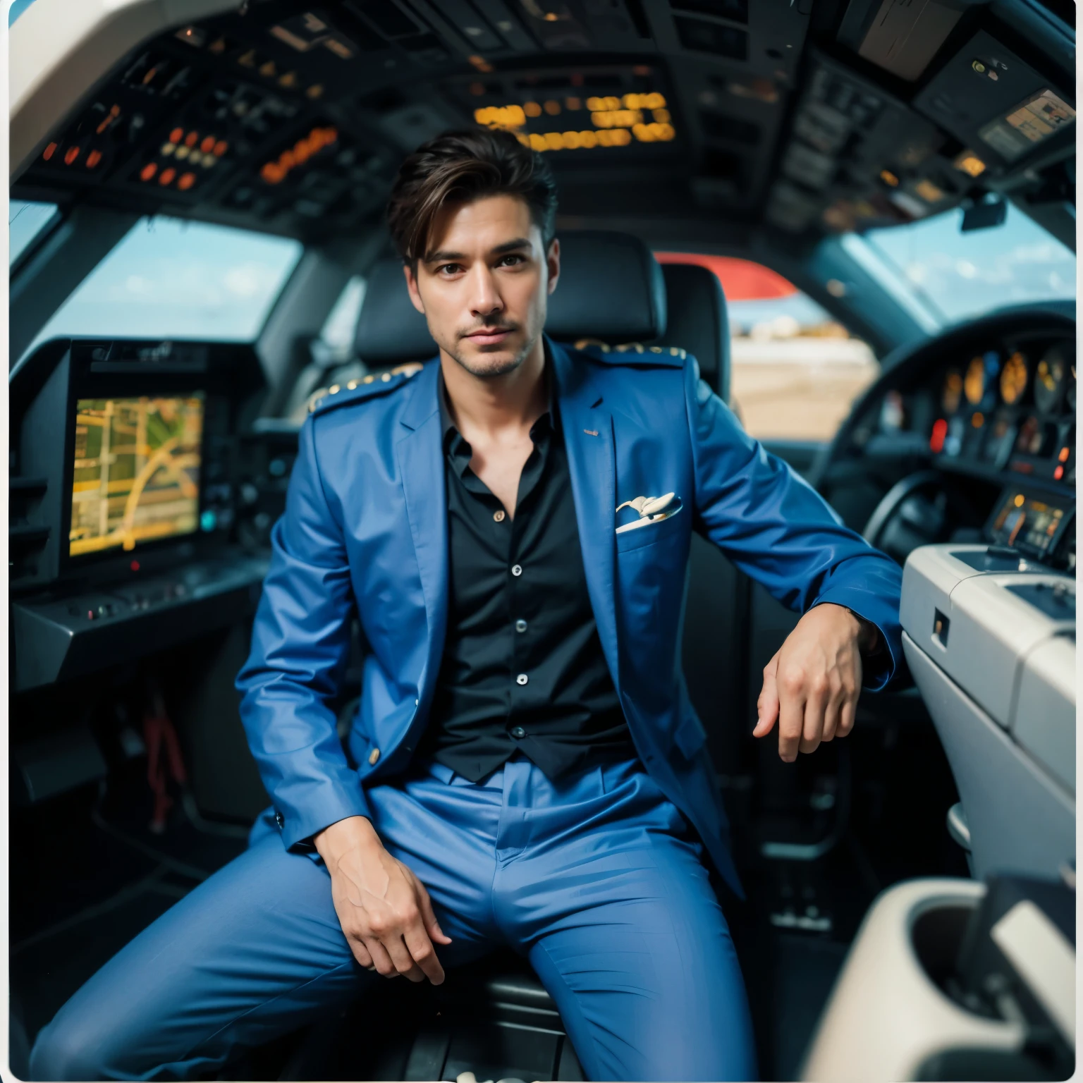 (man), handsome male CA, flight attendant, tan, muscular, full-body, alone, (high detail: 1 in 1), natural skin, high quality, nsfw, beautiful eyes, (face: 1 2), noise, real photo, psd, sharp focus, high resolution 8k, realistic, professional photo, 8k uhd, soft lighting, high quality, film grain, fujifilm x3