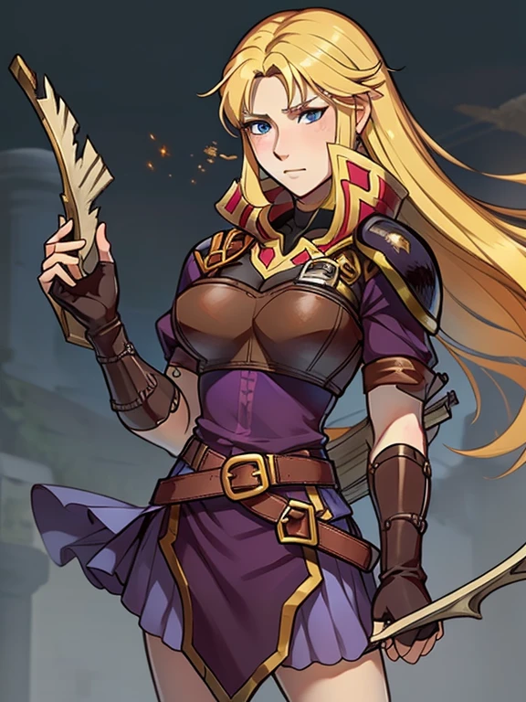 masterpiece, best quality, 1girl, Clarisse (Fire Emblem), long blonde air, blue eyes, red top, brown leather chest plate, fingerless gloves, purple skirt, belt, she’s holding a bow in one hand, sheaf wrapped behind her back, sheaf filled with arrows
