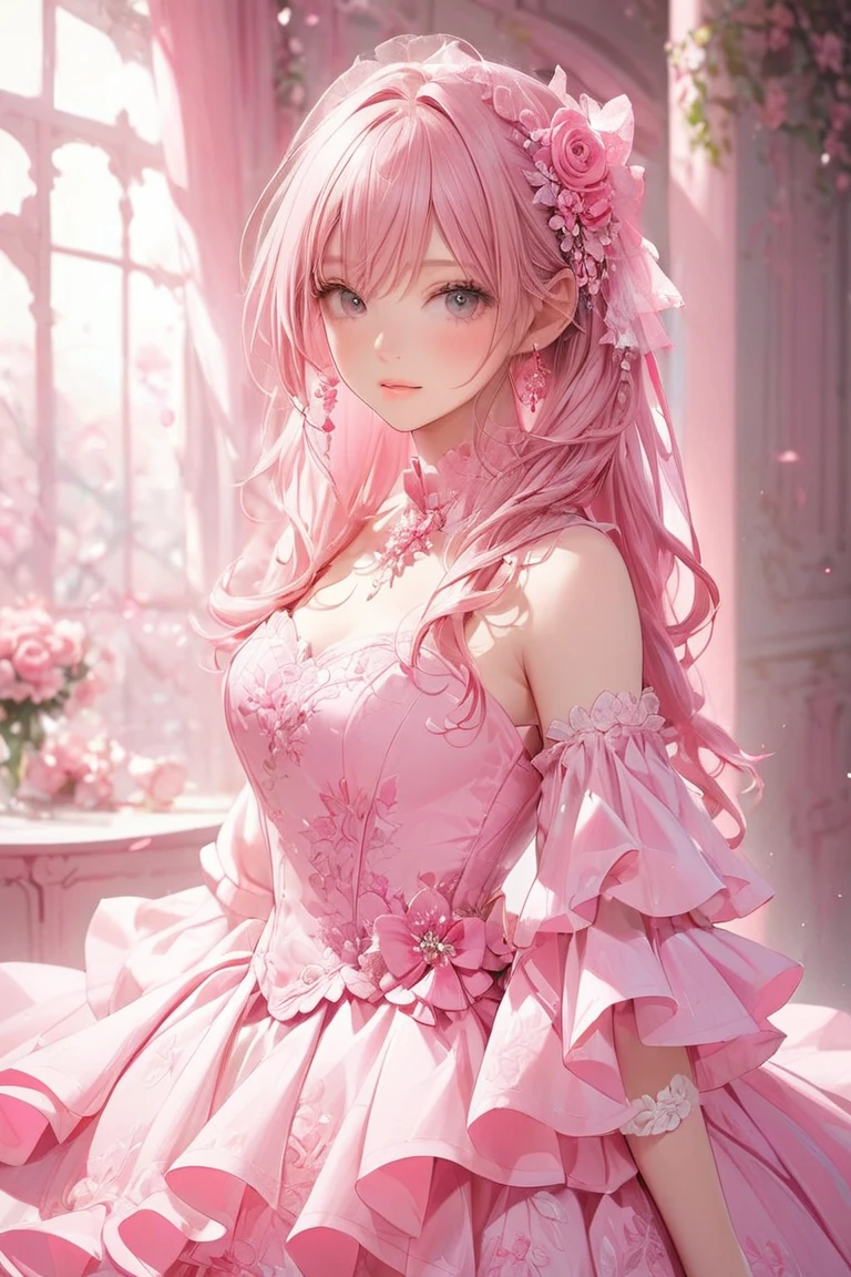 ((muste piece)), ((best quality))、best style、beautiful woman、The most beautiful woman in the world、A dress with flowers, a luxurious dress, dressed Beautiful Gowns, Floral Couture, fantasy dress, magic dress, wearing a wonderful dress, intricate gown, intricate dresses, brilliant pink ball gown, Pretty dresses, Beautiful Gowns, Flower dress, lady with glowing flowers dress, Wearing a pink ballroom gown, romantic dress, wearing a wonderful dress、pink eyes、pink hair、long hair、big breasts、detailed face、best style、