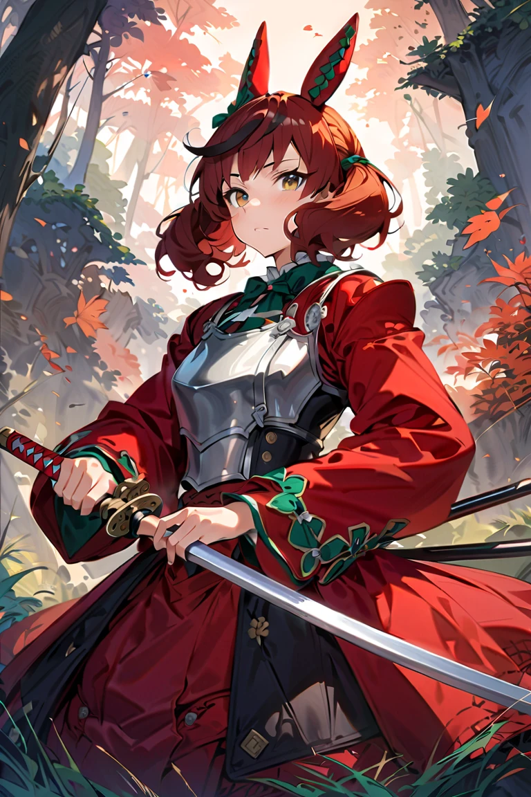 ((16k、 top quality、masterpiece：1.2、 super detailed、 super high resolution 、 super detailed))、 1 girl、 wonderful nature \(Uma Musume\)、whole body、Beautifully detailed face、 beautifully detailed eyes、Soft look、 beautiful slim figure 、 curvy 、Thin arms、Graceful hands、Delicate fingers、Thin wrists、Graceful neck 、Bare shoulders、 Smooth skin 、 wearing samurai armor in a full suit {x} Japanese during the feudal period of the Sengoku period、 wearing samurai armor in a full suit 、 wielding a sharp sword 、 exudes a strong sense of intimidation 、 Mikawa samurai 、Holding a spear、whole body、 standing in the grass 、Outdoor、Forest in the background、blue sky、Silver Breastplate、silver shoulder armor、 silver lower back armor 、 black shin guard 、Wide angle