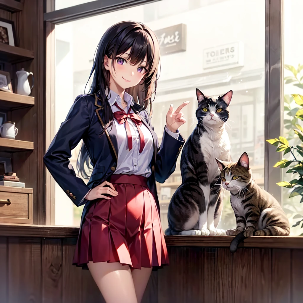 1girl, full body, solo, summer, village, trees, sun, clouds, ((brown hair)), ponytail, large breasts, ((black blazer)), button down shirt, ((white shirt)), ((short sleeved shirt)), ((unbuttoned shirt)), unbuttoning buttons, cleavage 1:3, brown eyes, skirt, smile, looking at the viewer, standing, hair ribbon, golden necklate, shoulder bag