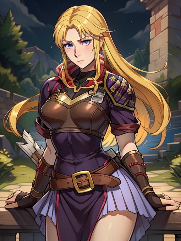 masterpiece, best quality, 1girl, Clarisse (Fire Emblem), long blonde air, indigo eyes, red top, brown leather chest plate, fingerless gloves, purple skirt, belt, she’s holding a bow in one hand, sheaf wrapped behind her back, sheaf filled with arrows