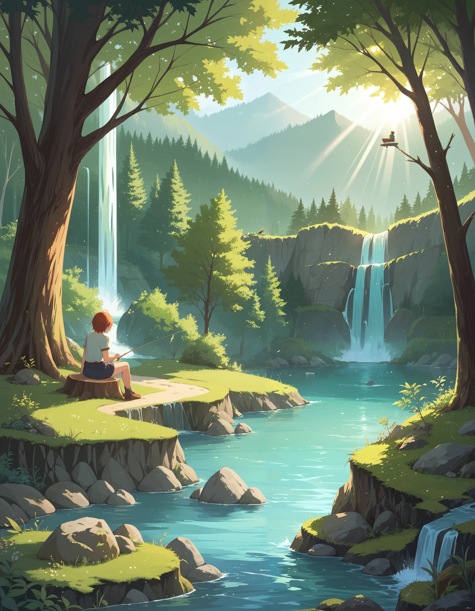 score_9, score_8_up, score_7_up,, colorful, fishing, forest, nature, outdoors, river, rock, scenery, sitting, stream, water, sunlight, light rays, tree stump, waterfall, moss, bush, grass, masterpiece, best quality, newest, very awa