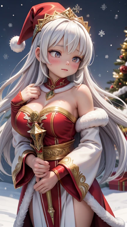 woman,1female,((milf,mom,mature,mature woman,45 years old female,adult)),(large breasts:1.5),saggy breasts,(((white hair:1.4,straight hair,long hair:1.4,colored inner hair))),((yellow_eyes:1.3)),intricate eyes,beautiful detailed eyes,symmetrical eyes,((((dark skin:1.4,lustrous skin:1.5,bright skin: 1.5,skin tanned,shiny skin,very shiny skin,shiny body,illuminated skin)))),(spider lower abdomen,narrow waist,wide hip,bimbo body,inflated legs,thick thighs,delicate detailed fingers),(((detailed face))),
cute,slutty,sensual,seductive look,seductive,((erotic)),opulent,sumptuous,longingly,((nsfw)),
queen,goddess,fantasy,(beautiful winter silver clothes,silver silk),((strapless red dress,very long red skirt,red dress)),(silver clothes),(((ice jewelry,intricate necklace,christmas jewelry,detailed outfit))),cleavage,silver silk,((eyeshadow,elegant makeup,eyelid makeup,gold lips,gold lipstick)),((Transparent cloth:1.1)), (((Sexy white fur coat, white fur coat outfit, wearing a white fur coat:1.3,winter white coat))),red gloves,(((intricate outfit,intricate clothes,embroidered outfit,ornate outfit,embroidered clothes,ornate clothes))),
(dynamic pose:1.0),embarrassed,(centered,scale to fit dimensions,Rule of thirds),
inside,indoor,((cozy gothic room)),scenery:1.25,((intricate scenery)),((winter decorations)),
(Glossy winter ornaments),highres,sharp focus,(ultra detailed,extremely detailed),(photorealistic artwork:1.37),(extremely detailed CG unity 8k wallpaper),(((vibrant colors,vibrant theme))),(intricate),(masterpiece),(best quality),artistic photography,(photography taken by sldr),(intricate background),perfect rendered face,perfect face details,realistic face,photo realistic,analog style,((intricate detail)),(((realism))),