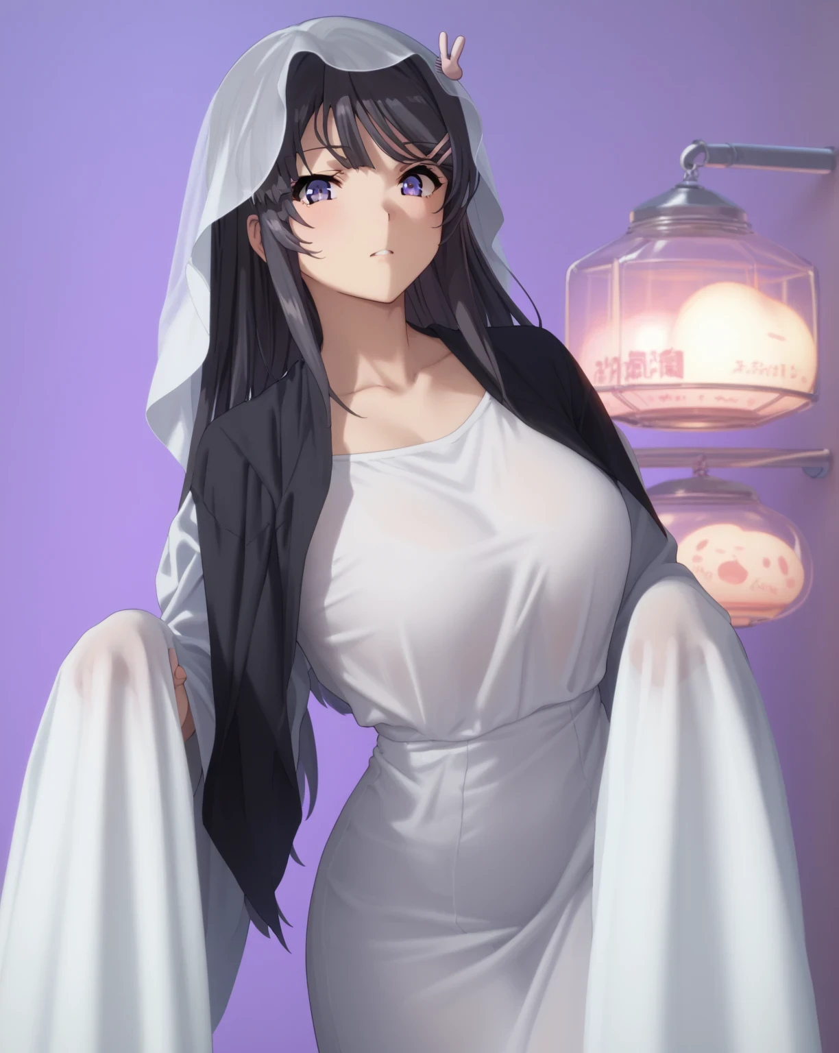 score_9, score_8_up, score_7_up, anime source, coloring,
mai sakurajima, long hair, bangs, black hair, hair ornament, purple eyes, hairclip, rabbit hair ornament, 1girl, solo, long_hair, black_hair, black_eyes, breasts, looking_at_viewer, dress, large_breasts, ghost costume