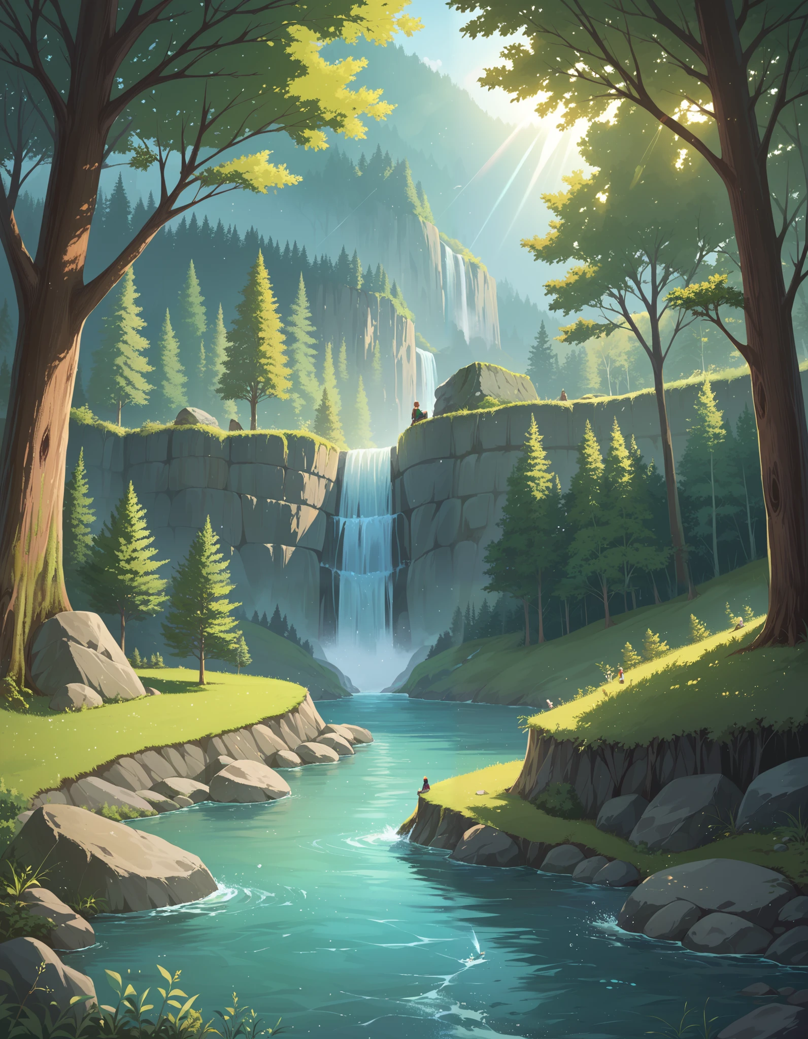 score_9, score_8_up, score_7_up,, colorful, fishing, forest, nature, outdoors, river, rock, scenery, sitting, stream, water, sunlight, light rays, tree stump, waterfall, moss, bush, grass, masterpiece, best quality, newest, very awa