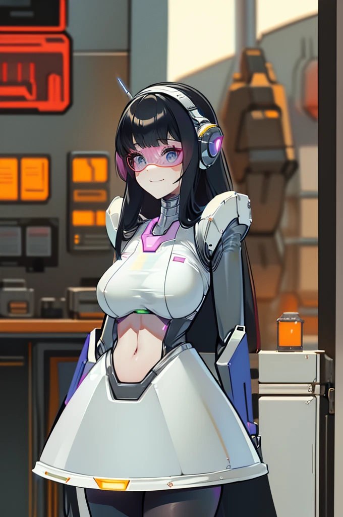 masterpiece, best quality, extremely detailed, (8K, 4K, Best Quality, hight resolution, 超A high resolution:1.1), ,8k portrait, Japaese android Girl,Plump , dark black leg cover,announcer,control panels,android,Droid,Mechanical Hand, Robot arms and legs, Black Robot Parts,Black hair,Mechanical body,Blunt bangs,perfect mechanical abdomen,White robotics parts,perfect robot woman,future laboratory,cyber pank,charging spot,laboratory,long tube,thick cable connected her neck,white ceramic body ,perfect mechanical body, white robot body,lod antenna,mechanical ear cover,android,robot humanoid,black sponge joints,The removable cover is in the groin,The connection port is in the groin,opened chest panel,access panel on the chest,opened breast panel,perfect mechanical breast,perfect machine body,perfect android body,She has repaired,assembly plant,miniskirt,dark black tights,dark black leggings,smile