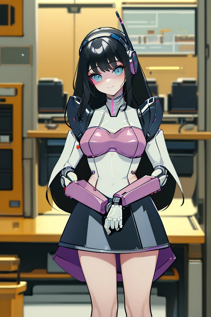 masterpiece, best quality, extremely detailed, (8K, 4K, Best Quality, hight resolution, 超A high resolution:1.1), ,8k portrait, Japaese android Girl,Plump , dark black leg cover,announcer,control panels,android,Droid,Mechanical Hand, Robot arms and legs, Black Robot Parts,Black hair,Mechanical body,Blunt bangs,perfect mechanical abdomen,White robotics parts,perfect robot woman,future laboratory,cyber pank,charging spot,laboratory,long tube,thick cable connected her neck,white ceramic body ,perfect mechanical body, white robot body,lod antenna,mechanical ear cover,android,robot humanoid,black sponge joints,The removable cover is in the groin,The connection port is in the groin,opened chest panel,access panel on the chest,opened breast panel,perfect mechanical breast,perfect machine body,perfect android body,She has repaired,assembly plant,miniskirt,dark black tights,dark black leggings,smile