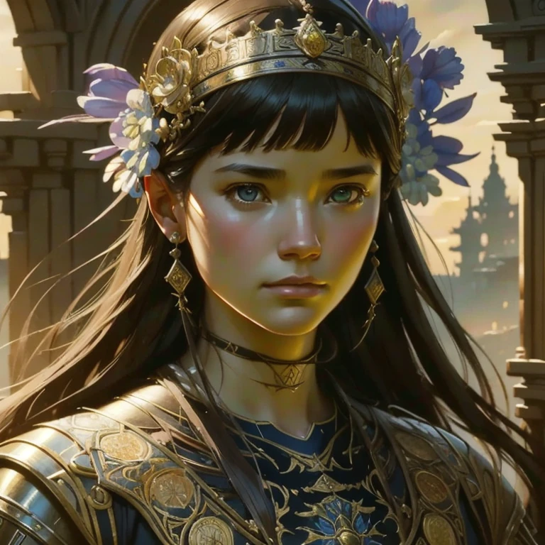 IU1, Serious look, filming style, ( extremely detailed CG unity 8k wallpaper), full body photo of the world's most beautiful artwork, medieval armor,  professional and majestic oil painting by Ed Blinkey, Atey Ghailan, studio ghibli, por Jeremy Mann, Greg Manchess, Antonio Moro,  trending on ArtStation , tendência no CGSociety, intricate, high detail,  sharp focus, dramatic,  photorealistic painting art by Midjourney and Greg Rutkowski, beautify the face,