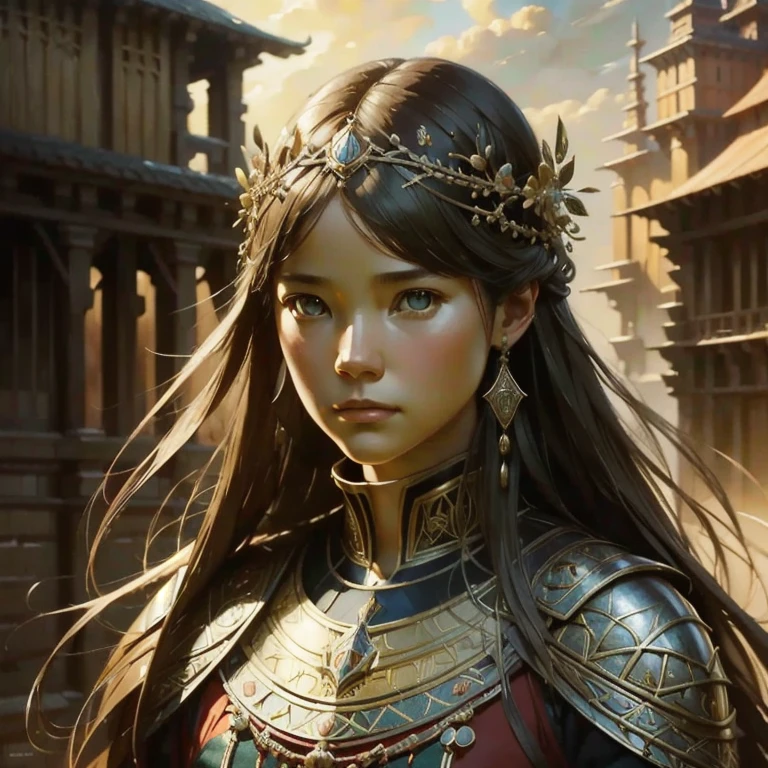 IU1, Serious look, filming style, ( extremely detailed CG unity 8k wallpaper), full body photo of the world's most beautiful artwork, medieval armor,  professional and majestic oil painting by Ed Blinkey, Atey Ghailan, studio ghibli, por Jeremy Mann, Greg Manchess, Antonio Moro,  trending on ArtStation , tendência no CGSociety, intricate, high detail,  sharp focus, dramatic,  photorealistic painting art by Midjourney and Greg Rutkowski, beautify the face,