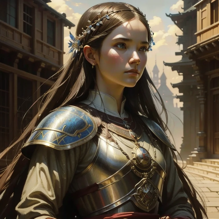 IU1, Serious look, filming style, ( extremely detailed CG unity 8k wallpaper), full body photo of the world's most beautiful artwork, medieval armor,  professional and majestic oil painting by Ed Blinkey, Atey Ghailan, studio ghibli, por Jeremy Mann, Greg Manchess, Antonio Moro,  trending on ArtStation , tendência no CGSociety, intricate, high detail,  sharp focus, dramatic,  photorealistic painting art by Midjourney and Greg Rutkowski, beautify the face,