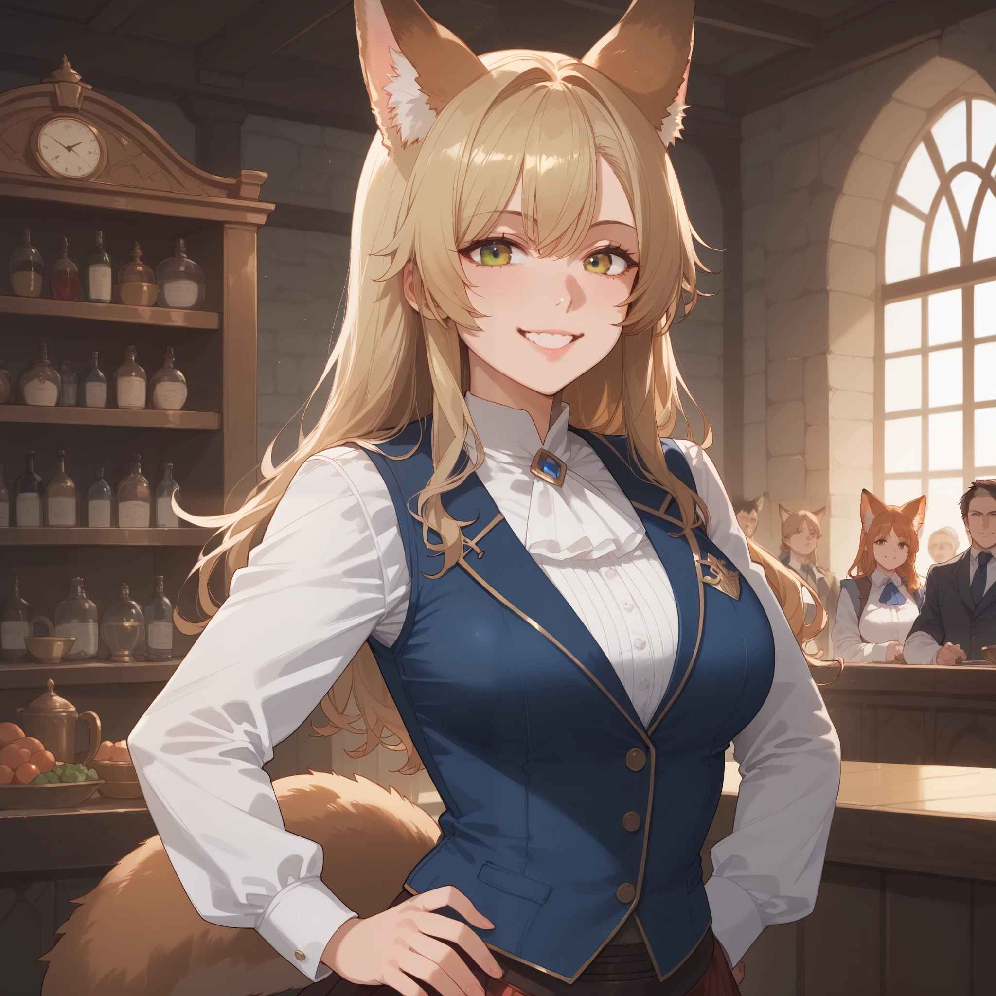 score_9, score_8_up, score_7_up, score_6_up, score_5_up, score_4_up, hires, masterpiece, Medieval, Adventurer's Guild reception, 1girl, kemono, guild_receptionist, looking_at_viewer, animal_ears, animal_tail, furry_female, professional_attire, business_smile, blouse, vest, formal_wear, standing_behind_counter, upper_body, eye_contact, front_view, detailed_background, fantasy_setting, counter, indoors,