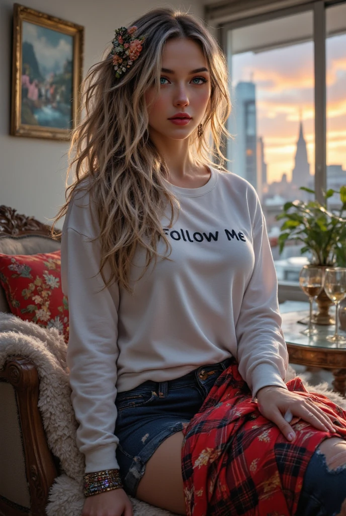 4K glossy oil painting of a beautiful regal pale skin American woman with long flowing ombre curly hair she's wearing a white sweatshirt that says "Follow Me" distressed jeans red plaid square frame reading glasses barefoot ankle bracelet she's sitting on her chaise lounge chair beautiful furry pillows. mounted t.v. on the wall, sliding glass door cityscape she's relaxing a glass table next to her a glass of wine her condo beautifully decorate, This is a highly detailed digital illustration in a fantasy style. The central figure is a fitness woman with a curvaceous physique and ample breasts, standing confidently in a regal pose. She has long and voluminous curly, dark silver-gold hair cascading over her shoulders Up to the waist and striking blue eyes, Her skin tone is a warm, coral white, a delicate facial structure, and a soft, with and elaborate jewelry,Incorporate the exquisite Gongbi painting style, depicting intricate and ornate costumesBatman: Arkham Asylum, the last of us, Neil Gaiman, DC Comics, completely covered in a safe for work ((traditionally fashion) )styled into twin pigtails adorned with an intricate floral hairpiece that matches her elaborate outfit