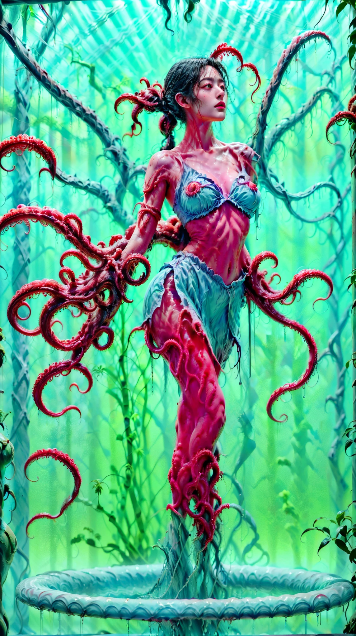 Cyber Tentacle Monster ，（Twin ponytails：1.5、Deep Sea Creatures、 Medusa Hairstyle 、 Tentacle-like Hairstyle ：1.8），Biology is perfect、 Medical Beauty Skin 、 Classical Aesthetic Posture Adjustment and Shaping ， Illusory Aura ，Chic，Dynamic，Holy Aura，Mecha exoskeleton ，Gesha Buddha Dress ， Shining Fire Crystal Foot Ring 。 golden ratio body ，Beauty，Tear mole，（ Super Teardrop Chest 1 .8）， narrow ribs ，Slim waist and abdomen，Vacuum belly， long body ， extra long legs ，Perfect muscle lines， neon shine ， blur super giant body background。 Master Composition ， Clean Picture ， bright color ，hdr，（Super real， Super Detailed ，Super complex，Super-sharp ， Ultra high quality output ），（ concentrated computing power is metaphor in the language of a camera、Implicit 、 Conceals Mysterious Temple Level Sexual Tension ：1.8），＜centaur concept>，