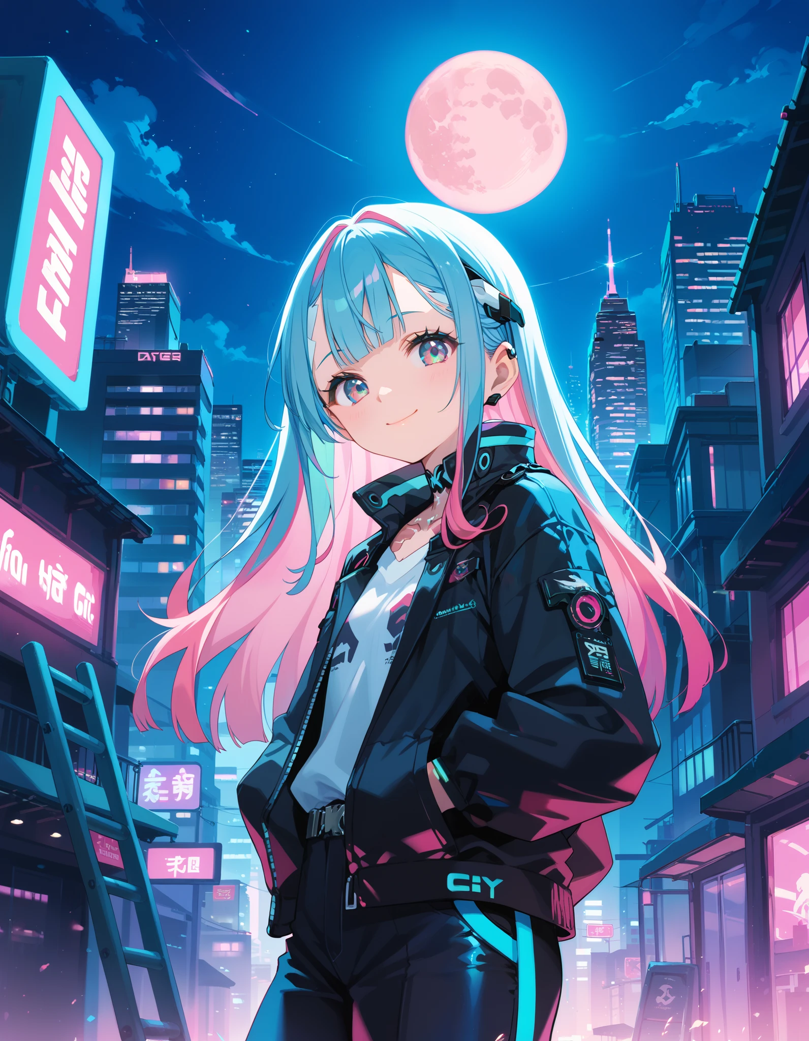 score_9, score_8_up, score_7_up,, colorful, 1girl, colorful, colorful, cyberpunk, ladder, looking at viewer, moon, multicolored hair, two-tone hair, pink theme, long hair, solo, closed mouth, limited palette, full moon, building, smile, outdoor, city lights, masterpiece, best quality, newest, very awa