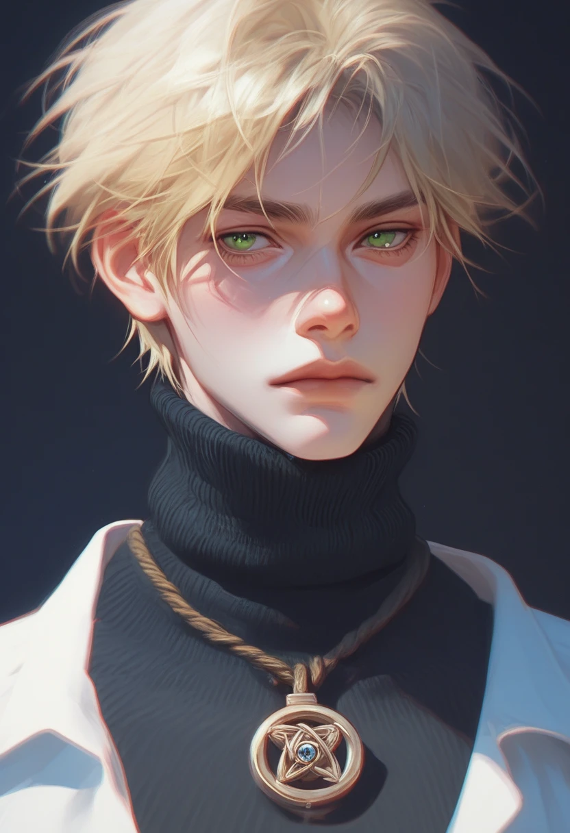  best quality , detailed, 1 boy, blonde, short hair,   green eyes, black turtleneck shirt, cord with amulet, close-up,  black background