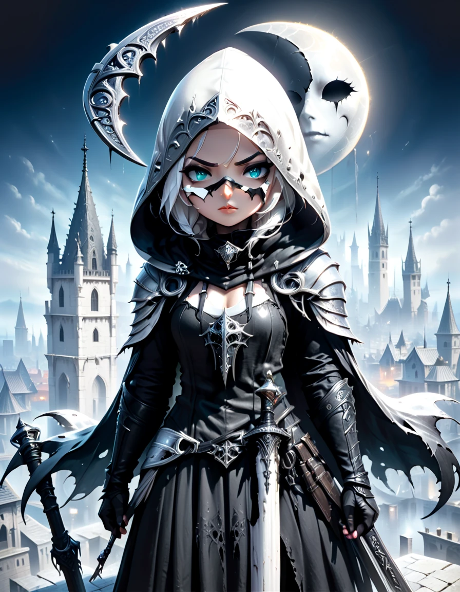 cute cartoon of female assassin with white hood covering her eyes and torn black scarf around her neck, holding a black curved scythe, and her costume from the scarf down being silver armor around a white torn cloak, on top of the tip of a tower with medieval city with waning moon in the background (full body character)