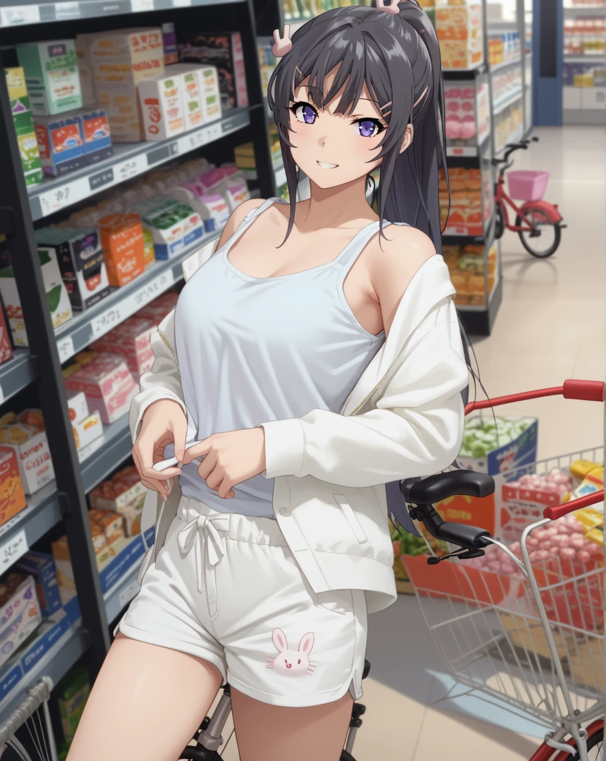score_9, score_8_up, score_7_up, anime source, coloring,
mai sakurajima, long hair, bangs, black hair, hair ornament, purple eyes, hairclip, rabbit hair ornament, 1girl, shorts, black_hair, shop, photo_background, bicycle, solo, white_shorts, smile, long_hair, looking_at_viewer, breasts, black_eyes, bangs, off_shoulder, tank_top, jacket, ponytail, short_shorts