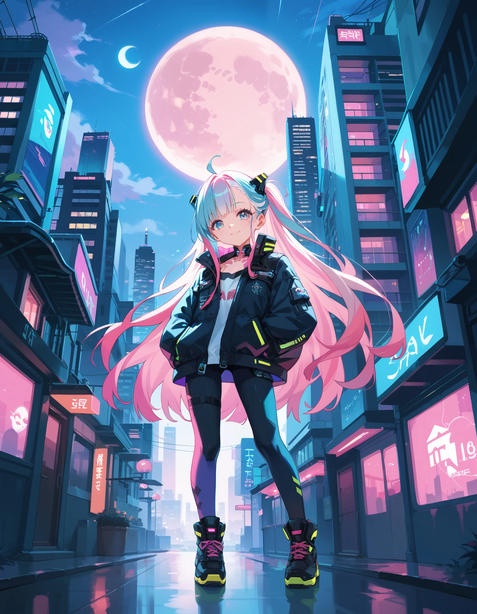 score_9, score_8_up, score_7_up,, colorful, 1girl, colorful, colorful, cyberpunk, ladder, looking at viewer, moon, multicolored hair, two-tone hair, pink theme, long hair, solo, closed mouth, limited palette, full moon, building, smile, outdoor, city lights, masterpiece, best quality, newest, very awa