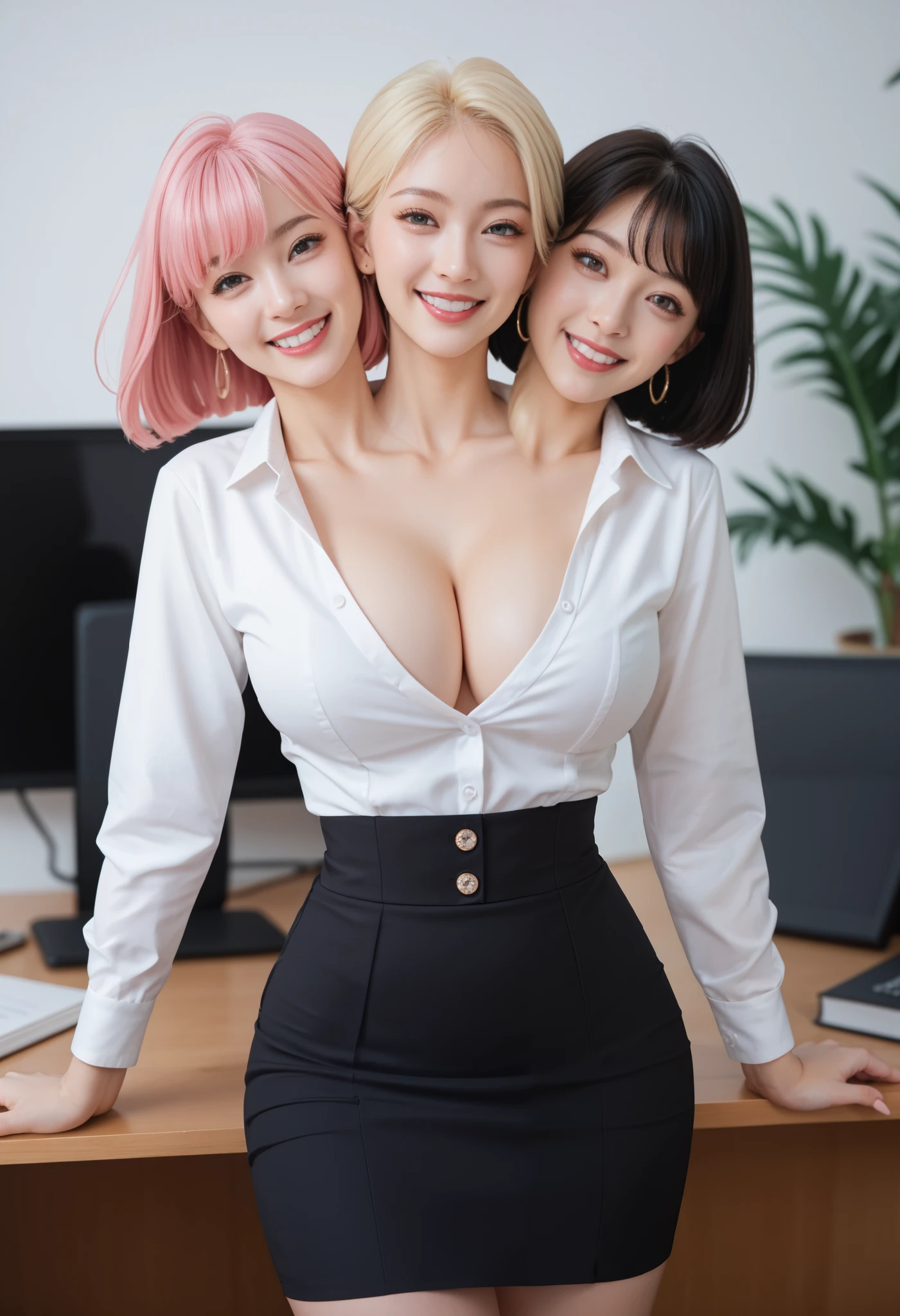 NSFW、Rubbing each other２Man Woman、Breasts that expand like marshmallows、Cute nipples with small diameter、hposing Gravure Idol、beauty legs、light skinned、A pink-haired、Sexy micro mini panties with a vibrator that creates erotic ecstasy with pink ultra-thin strings.、s Office