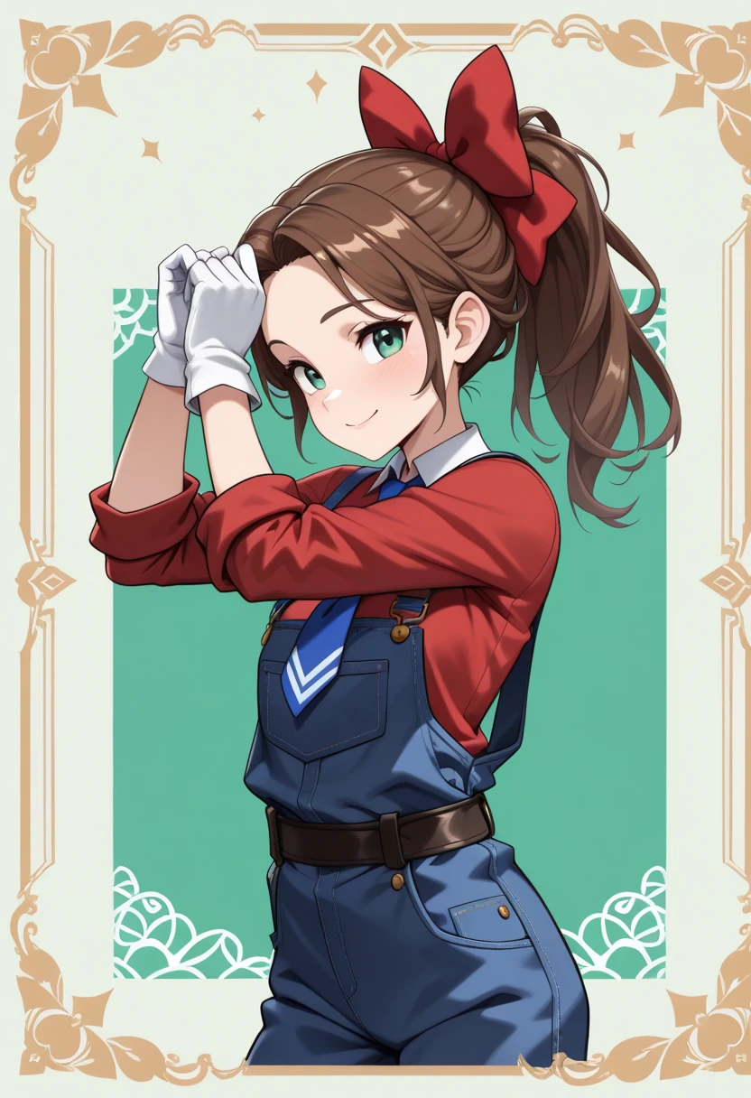 3DMM style, ((Pluralistic)), (artwork, best quality), intricate details, attractive, alone, 1girl character with ((brown hair)). Her hair is tied back in a ponytail. (A red big bow). ((A red shirt, long sleeves rolled up)). ((blue overalls)), ((white gloves)). ((a blue tie)). Her skin is white. minimalis Green background, scene captured in dynamic, cheerful and fun pose, looking at the viewer, 