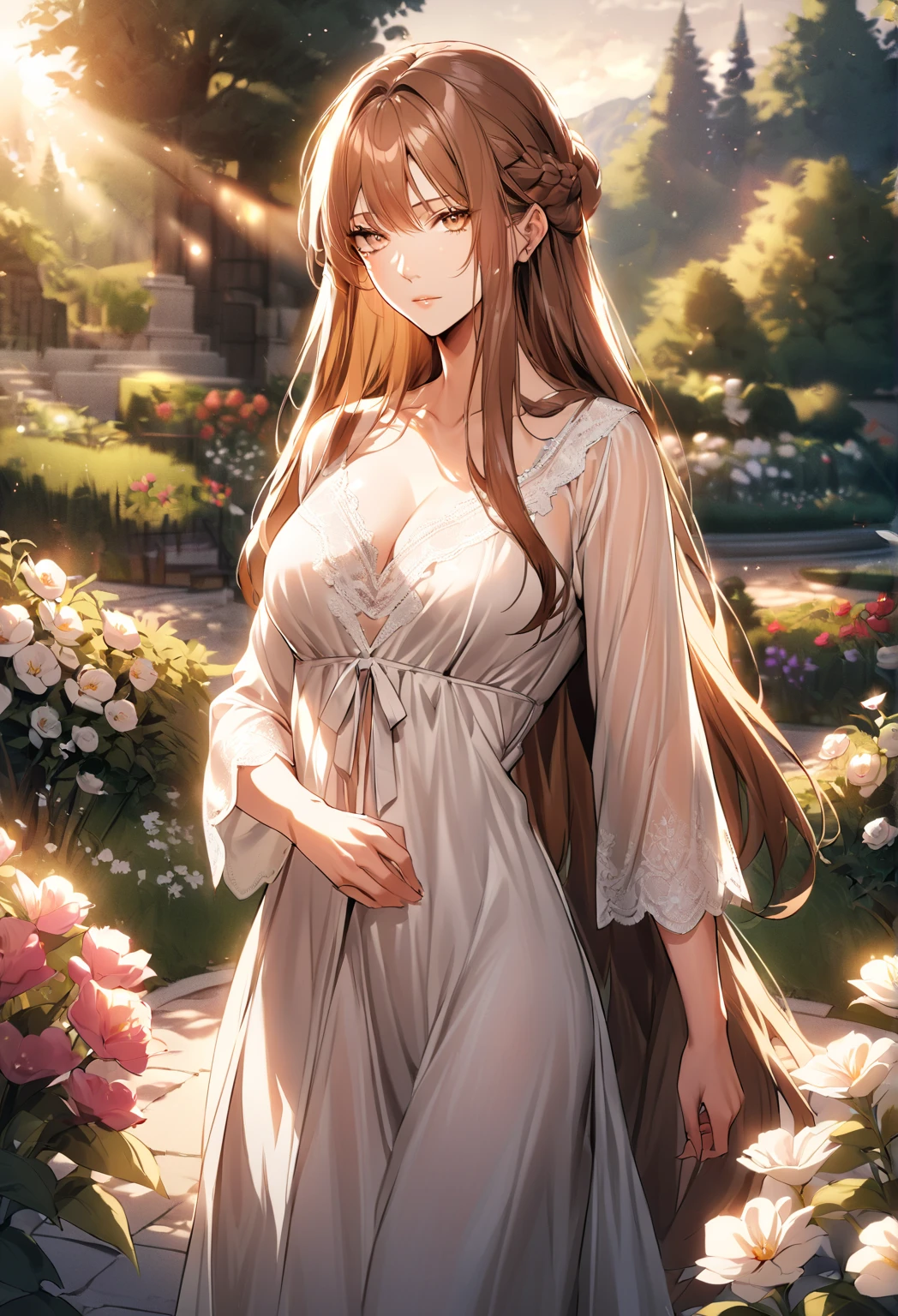 a mature woman, milf, beautiful, elegant, calm, expressionless, cool woman, long hair, brown hair, brown eyes, sidelocks, french braid
white dress, nightgown, standing, looking at the viewer, outdoor environment, soft, warm light, garden, flower, fantasy landscape