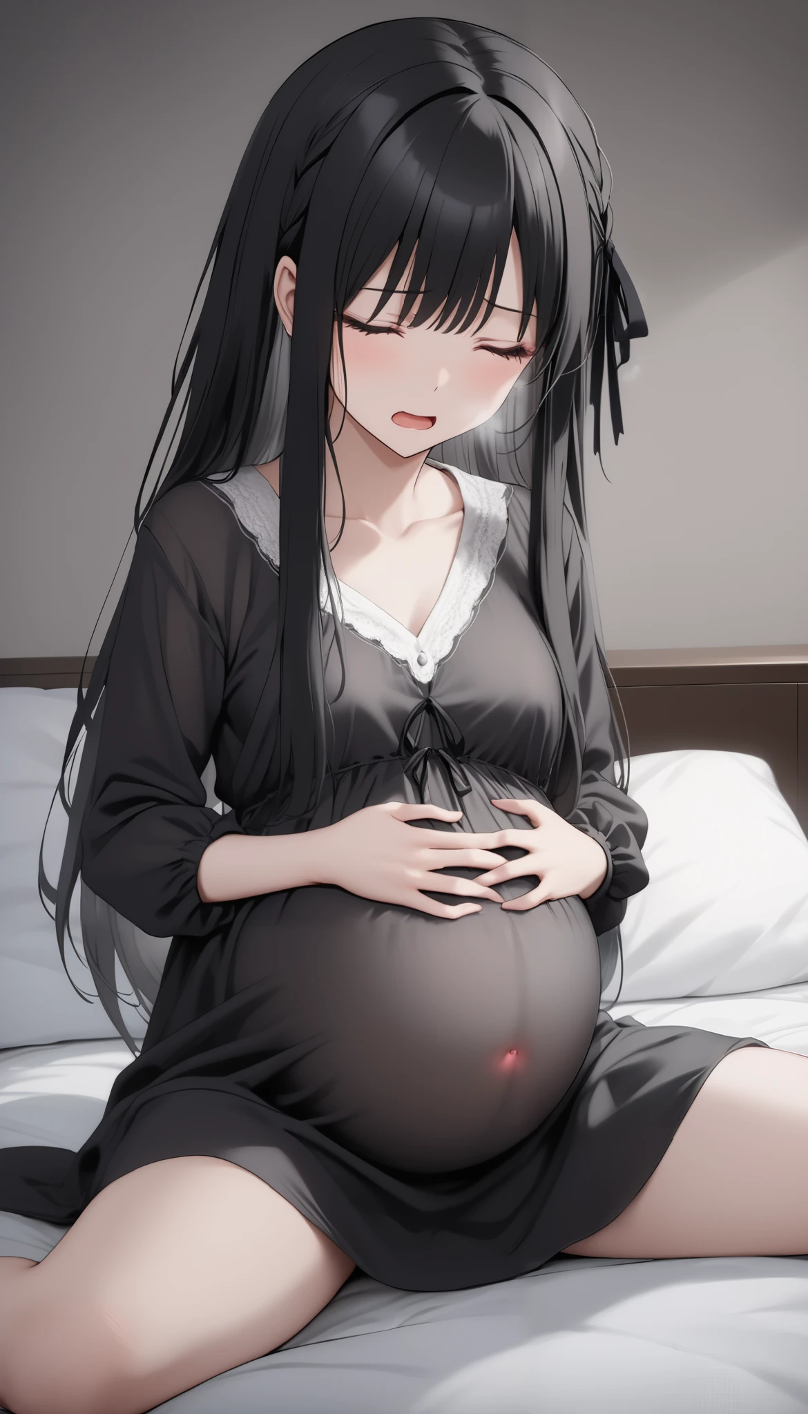 The woman has long black hair down to her waist, wears a cute pink hat, wears pink casual clothes and wears a fairly small skirt with white socks covering her legs up to her thighs. in a pregnant position wearing witch clothes in bed in a position that has just woken up