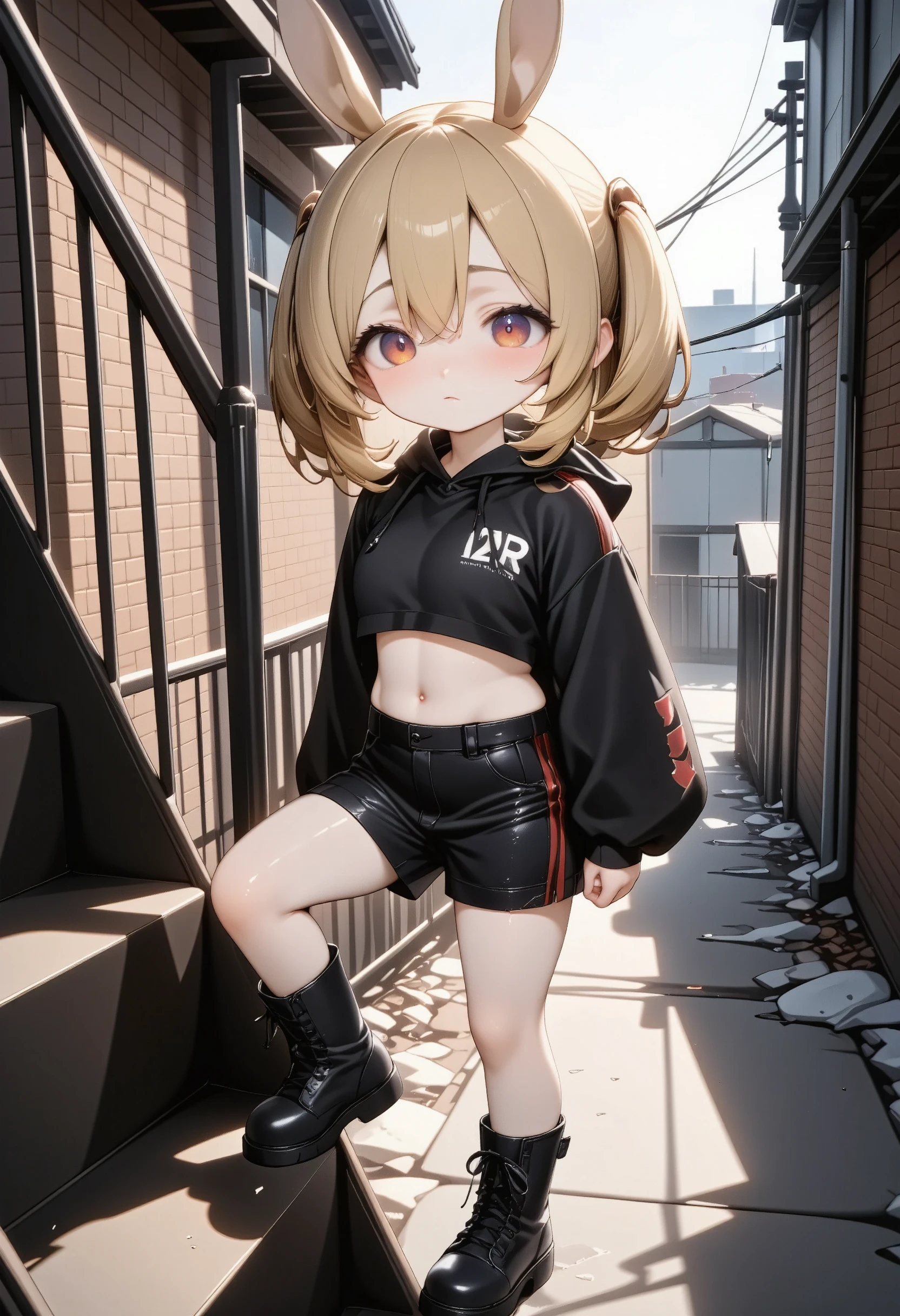 Underground style,Cute illustrations,chibi style, jirai-kei girl, streetwear , T-shirt under chest ,black hoodie,blonde hair color, Rabbit ears sticking out of the hood , steps on the stairs of the building, URBAN BACKALLEY BACKGROUND , Tactical Boots , Dystopian Atmosphere , casual yet edgy , cyberpunk vibe , minimal color scheme ,Grunge Aesthetics , Urban decline, Subtle lighting, Relaxation Poses , Cityscape Electric Wires , Subdued Colors