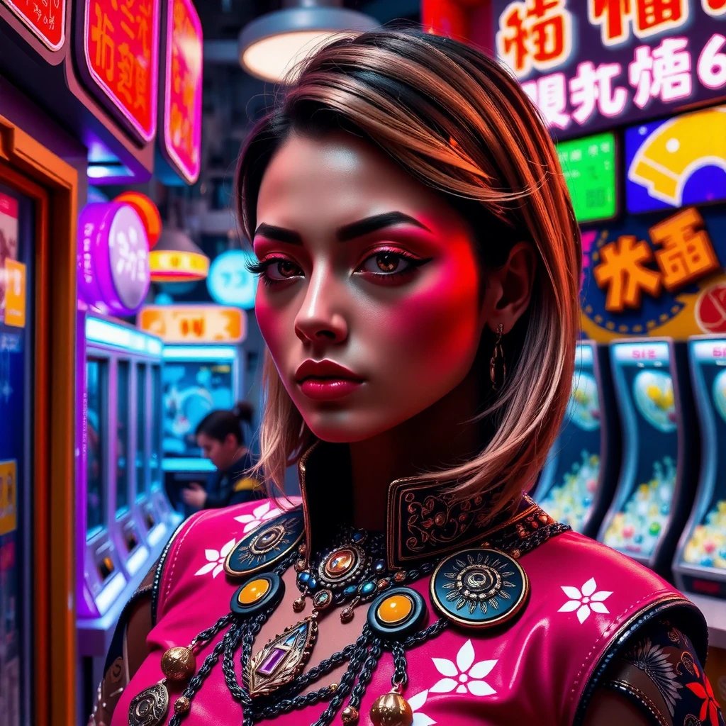 Pachinko parlor neon sign、One girl、African、Light Hair Color、Colorful Makeup、Futuristic enamel costume、Lots of accessories、