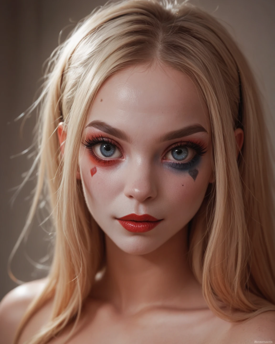 harley quinn.  long hair .  big eyes . eyelashes. small nose. 